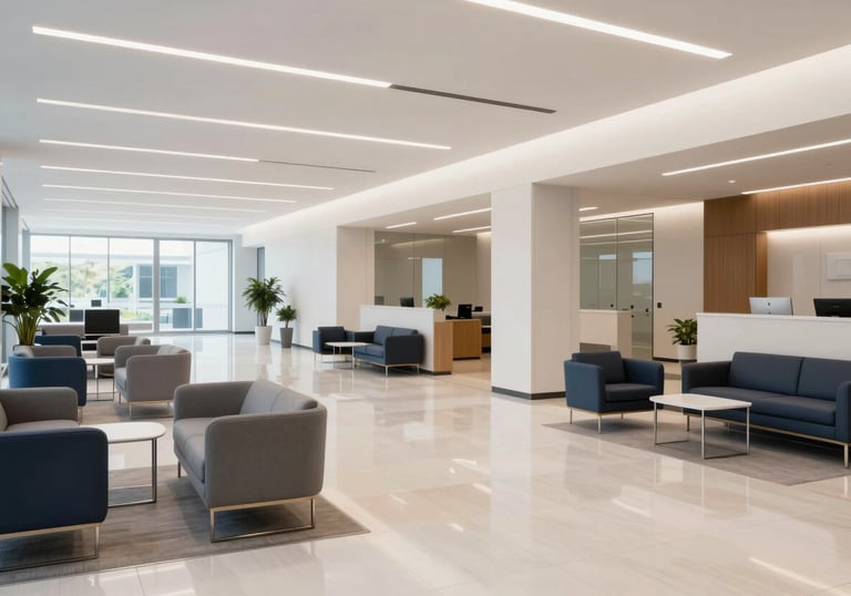 A wide-angle interior view of a bright, modern North American corporate lobby. The space is uncluttered with polished floors and elegant, simple furniture in shades of grey and dark blue.