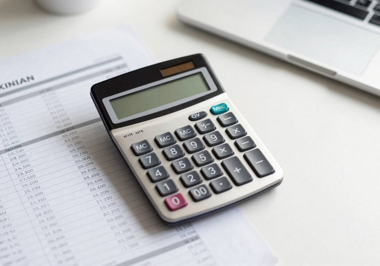 A high-angle photo of an organized workspace with a calculator and clean financial spreadsheets on a desk in a bright North American office.