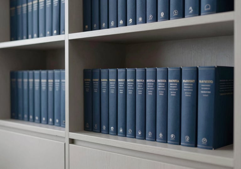 A sleek, organized bookshelf with business literature in a high-end US home office, showing a color palette of light grey and dark blue.