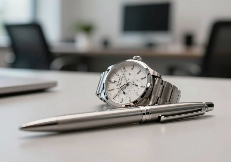 Close-up of a high-end luxury watch and a professional silver pen resting on a minimalist desk, soft bokeh background of a North American office, elegant and results-driven.