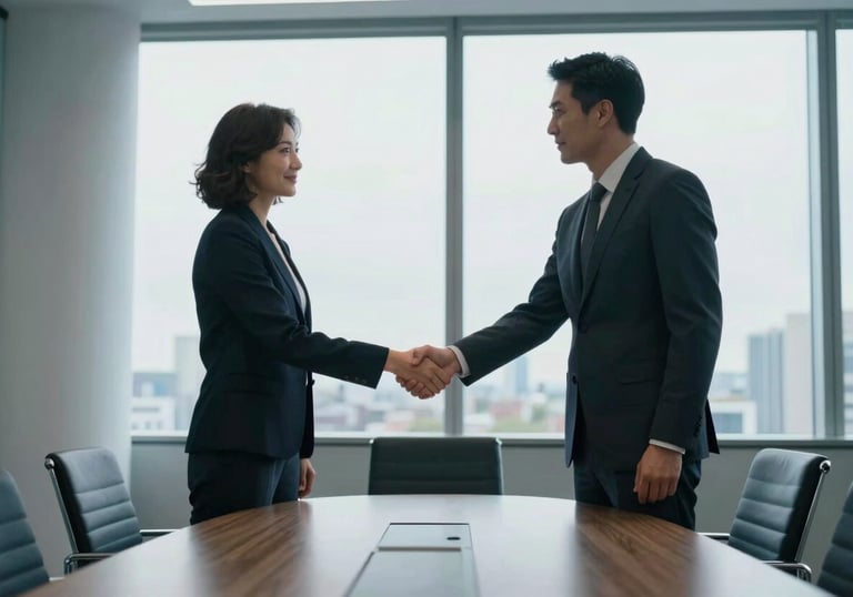 A wide shot of two professionals in a high-rise office meeting room in London or New York, shaking hands against a bright window, sleek modern furniture, soft blue tones.