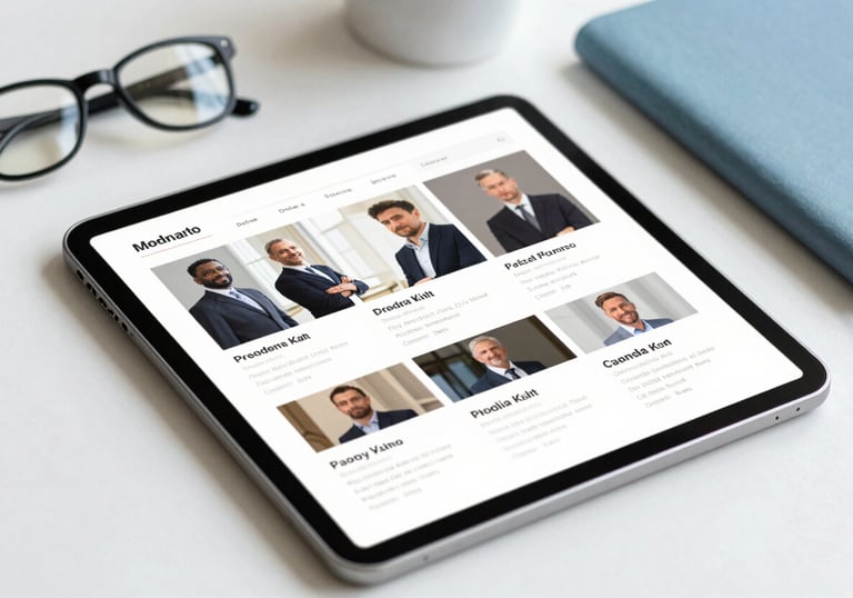 A close-up of a high-end digital tablet displaying a professional media kit on a clean white desk, surrounded by a pair of modern glasses and a soft blue notebook, bright and intelligent lighting.