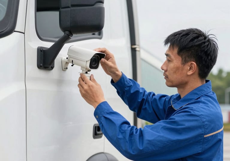 A professional technician wearing a blue uniform is carefully mounting a weatherproof security camera to the side mirror bracket of a white fuel truck, daylight, professional focus.