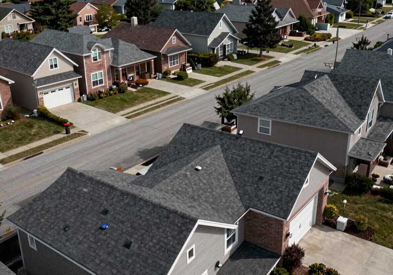 Wide-angle photograph of a street in a North American suburb showcasing several houses with perfectly maintained, expert roofing. The atmosphere is quiet and professional.
