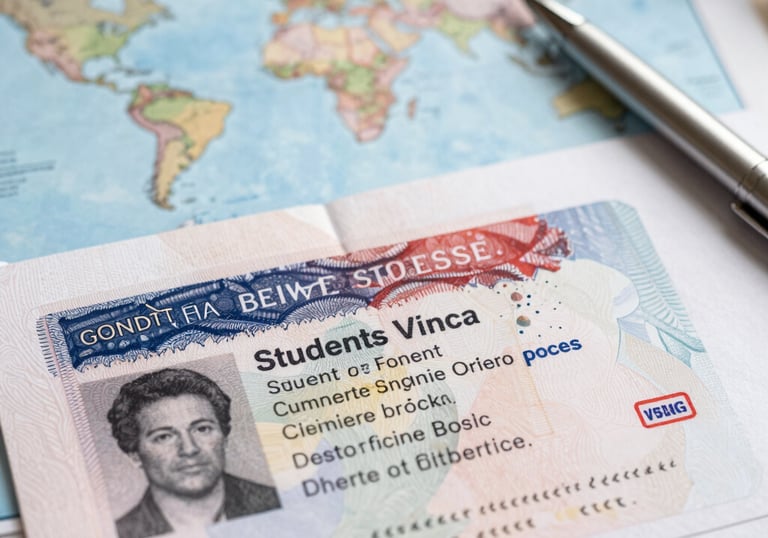A high-quality close-up photograph of a student visa document, a world map, and a silver pen on a clean desk. The lighting is crisp, emphasizing a trustworthy and transparent process.