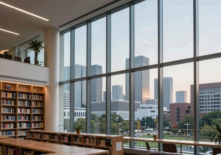A professional architectural photograph of a modern university library interior with large windows looking out onto a global city skyline. The lighting is soft and inspiring.