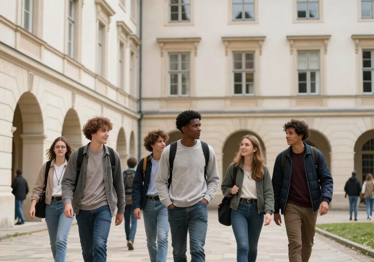 A vibrant photography shot of international students from diverse backgrounds walking through a historic university courtyard in Europe. The scene is bright and professional, featuring off-white stone architecture.