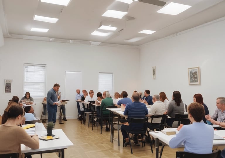Small group gathered around a table studying the Bible together.