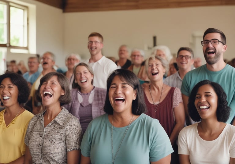 Congregation singing joyfully during Sunday worship service.