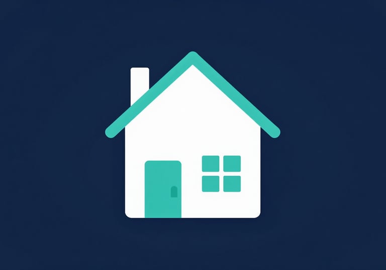 Minimalist graphic representing a home with a protective seal, in professional Navy and Teal tones, clean and sharp.