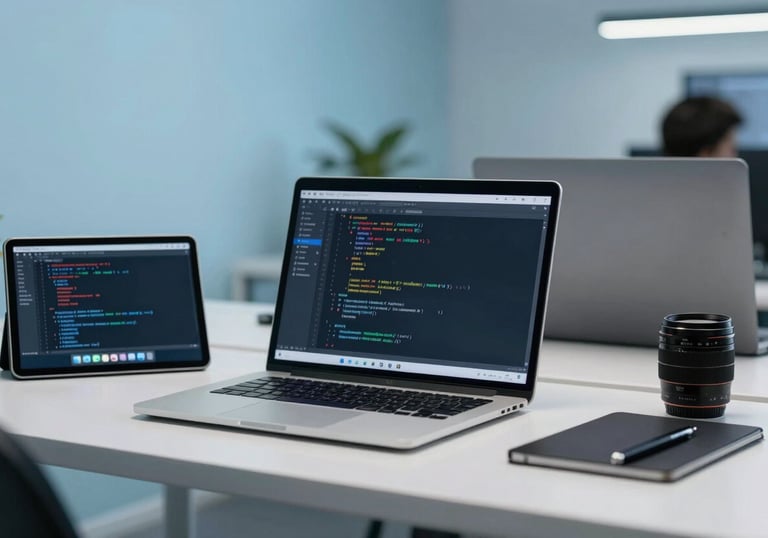 A brightly lit workstation in a North American tech hub featuring a laptop and a tablet showing code development, surrounded by soft light blue accents.