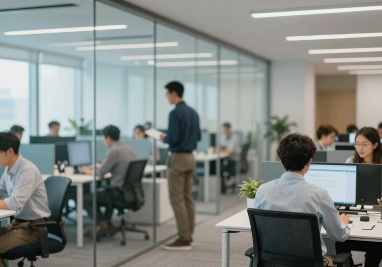 A diverse team of professionals in a modern collaborative workspace with glass partitions. The lighting is bright and airy, with #8FA6BE and #2A405D accents throughout the decor.