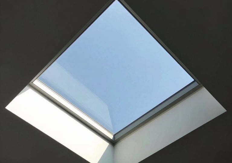 Modern glass skylight window installed on a brown tiled residential rooftop for natural lighting.