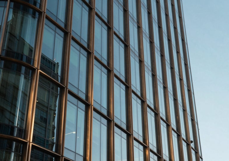 A modern architectural detail of a Baghdad office building featuring glass and bronze frames, reflecting a clear blue sky, luxury corporate style.