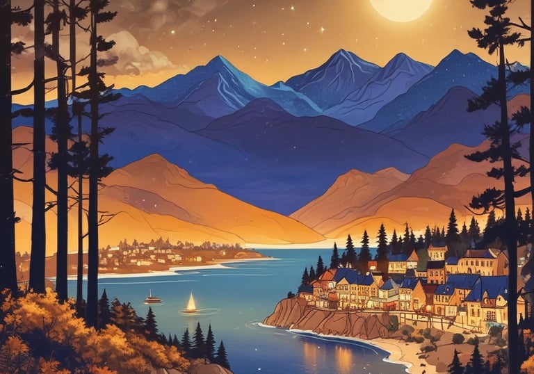 Digital illustration of a coastal town by a mountain lake under a full moon and starry night sky.
