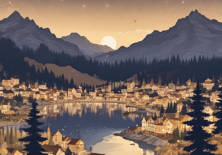 Digital illustration of a cozy lakeside mountain village under a starry night sky with a full moon.