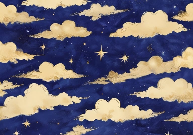 A whimsical night sky wallpaper featuring golden clouds and sparkling stars on a dark blue background.
