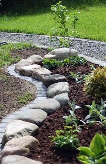 Кант на морава с паважни тухли и декоративни камъни, които отделят тревата от цветната леха.