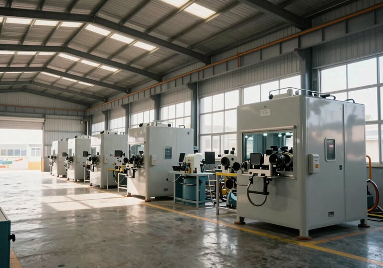 Wide shot of a clean and modern industrial machinery warehouse in South America, bright morning light filtering through high windows.