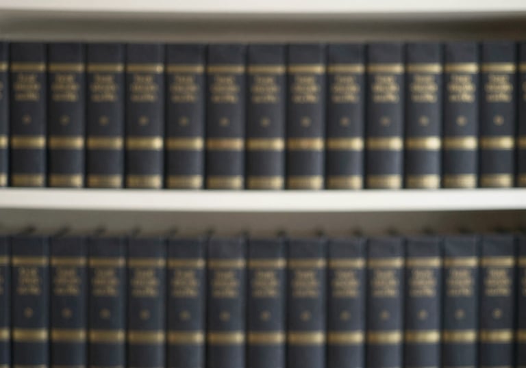 A minimalist and organized shelf of academic volumes with dark bindings and gold lettering, suggesting a vast knowledge base.