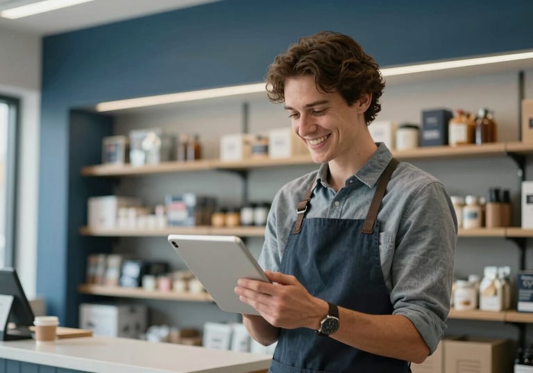 A photograph of a small business owner in a modern Canadian storefront, smiling confidently while looking at a tablet. The background is a clean, organized shop with steel blue and light grey tones, representing success and financial stability.