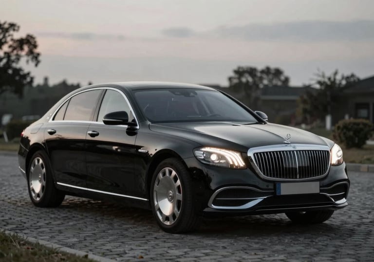 A sleek, black luxury sedan waiting in a cobblestone driveway at dusk. The headlights cast a warm glow, suggesting premium chauffeur services. Palette includes #2C2E2F and #FBF9F4.
