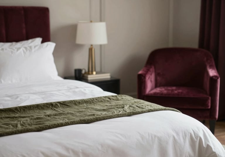 A cozy, luxuriously appointed bedroom with high-thread-count parchment linens, a smoky olive throw, and a deep burgundy velvet armchair in the corner. Elegant and inviting. Palette includes #FBF9F4, #6F7A6E, and #7D2F45.