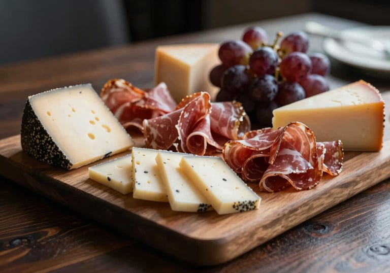 An exquisite charcuterie board on a dark wood table, featuring fine cheeses, cured meats, and dark grapes, photographed with professional culinary lighting in a luxury setting. Palette includes #2C2E2F and #FBF9F4.