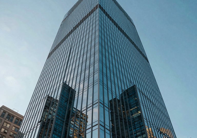 Low-angle shot of a modern glass skyscraper reflecting the blue sky in a major North American city, representing growth and corporate success.