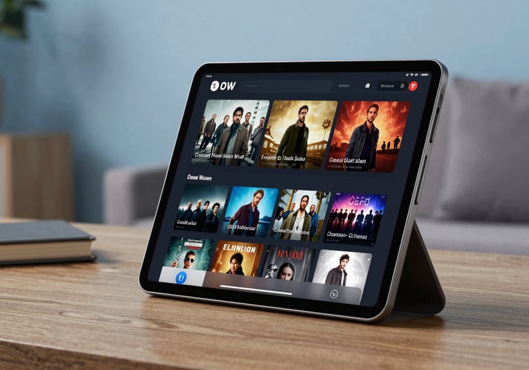 A photograph of a modern tablet sitting on a wooden stand in a North American home. The screen displays a movie streaming app with high-resolution cinematic posters. The setting is a cozy study with soft sky blue and slate grey decor.