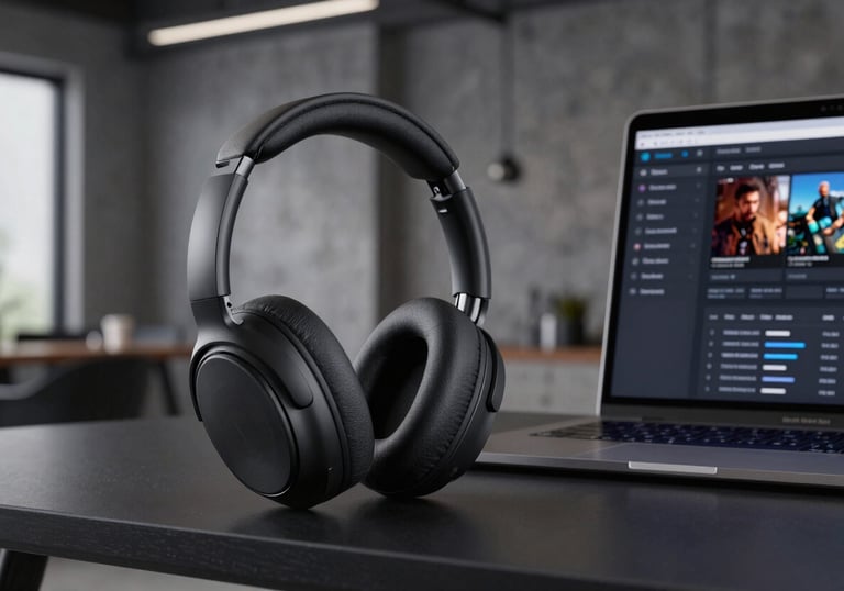 A photograph of a pair of high-end wireless headphones and a laptop on a desk. The laptop screen shows a digital dashboard for media management. The scene is set in a modern North American loft with industrial elements and charcoal accents.