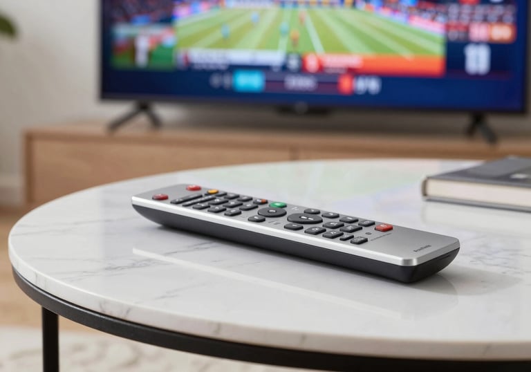 A professional product photograph of a sleek, silver remote control resting on a white marble coffee table. In the background, a large screen displays a vibrant sports broadcast. The lighting is clean and bright, emphasizing a premium North American home setting.