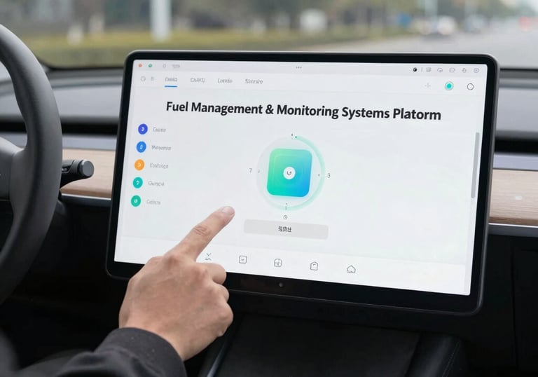 A sleek dashboard screen showing a moving vehicle on a detailed digital map.