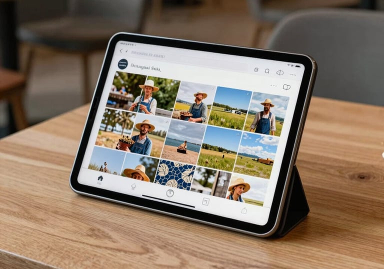 A tablet displaying a beautifully curated Instagram feed of a local farmer, placed on a light wood coffee table in a modern Scandinavian cafe.