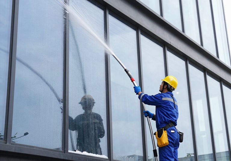 A professional technician pressure washing a commercial storefront on a sunny day.