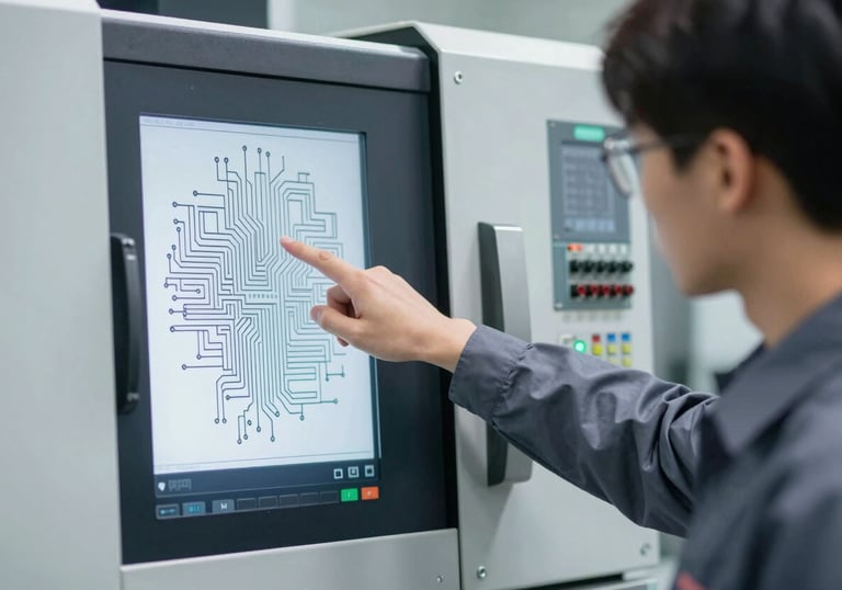 A technician pointing at a CNC circuit diagram next to the machine's electrical panel, educational and clear composition, reflecting reliable industrial training with #455A64 accents.