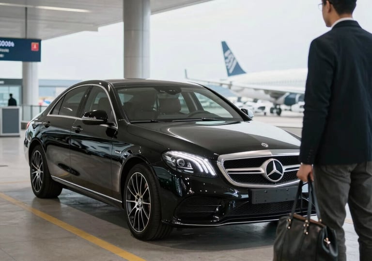 Sleek black luxury sedan parked curbside ready for airport pickup.
