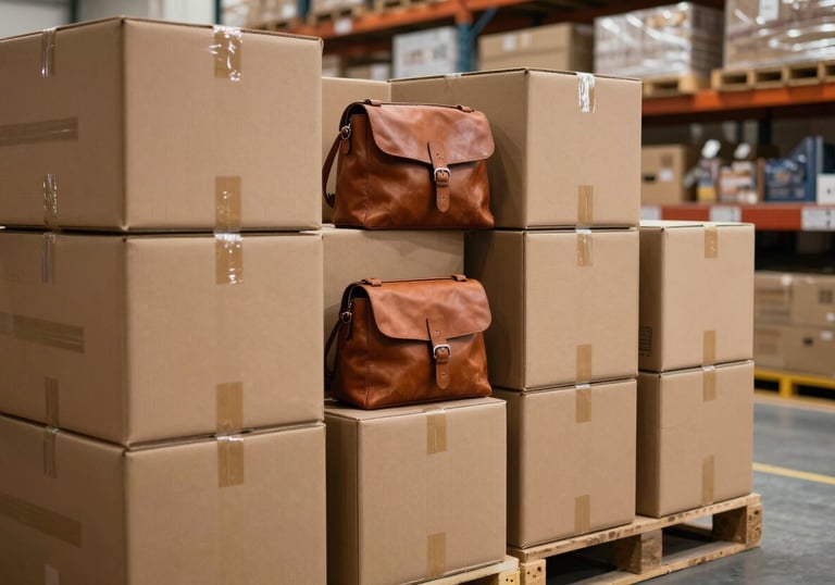 Professionally stacked shipping boxes and high-quality leather goods being prepared for international export in a modern warehouse.