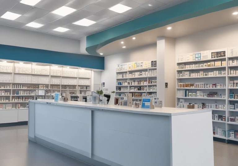 A confident pharmacist consulting with a small community pharmacy team in a bright modern space.