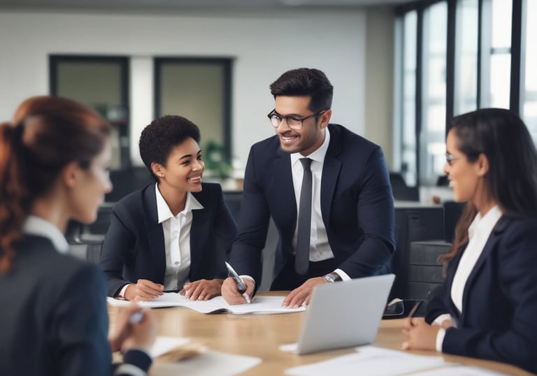A trainer leading a lively session with engaged pharmacy staff around a table.