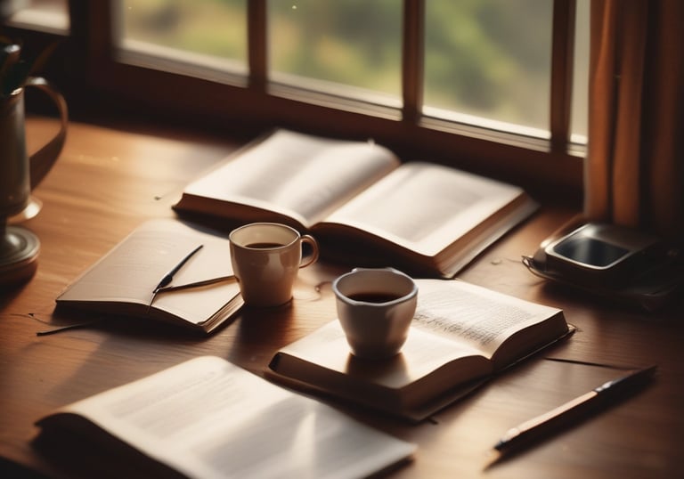 A group of people studying the Bible together in a warm, inviting room.