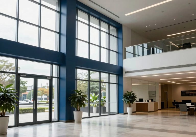 Wide shot of a perfectly cleaned, modern corporate lobby with large floor-to-ceiling windows and navy blue design elements, inviting and professional.