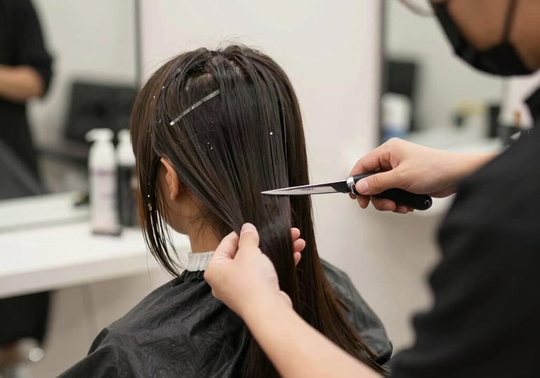A stylist carefully trimming a woman's hair in a softly lit salon with pastel pink accents.