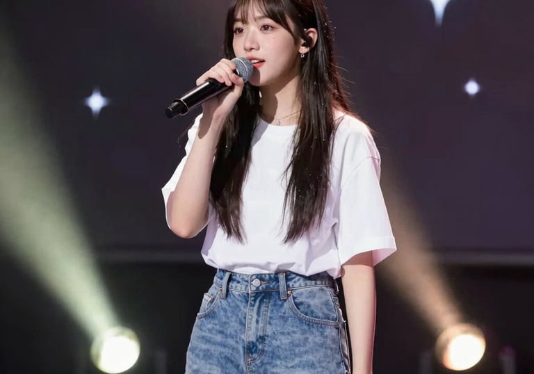 A young singer passionately performing on stage under warm spotlights.