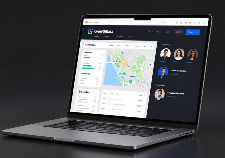 A sleek, modern laptop displaying the GrowthBara SaaS dashboard with analytics, maps, and creator profiles in a high-contrast dark theme.
