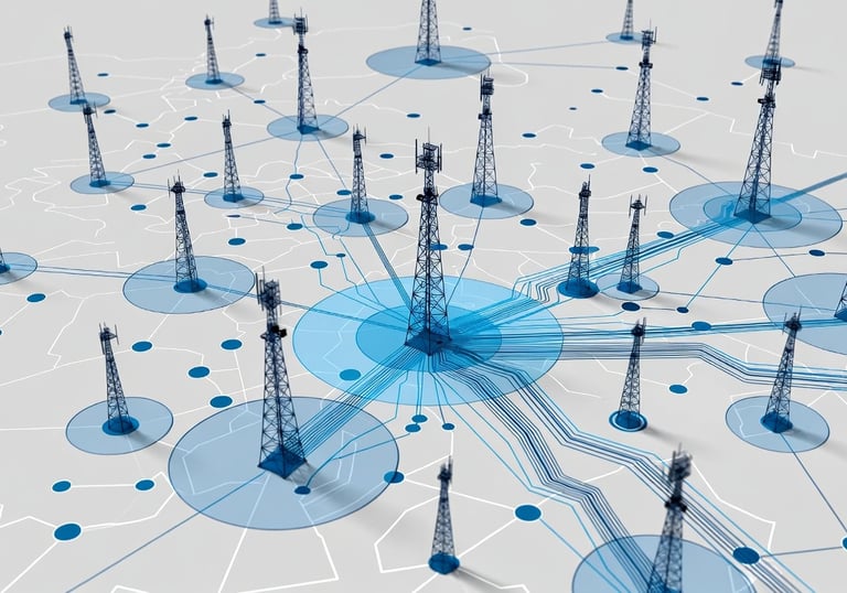 A detailed network map overlay showing mobile towers and coverage areas.