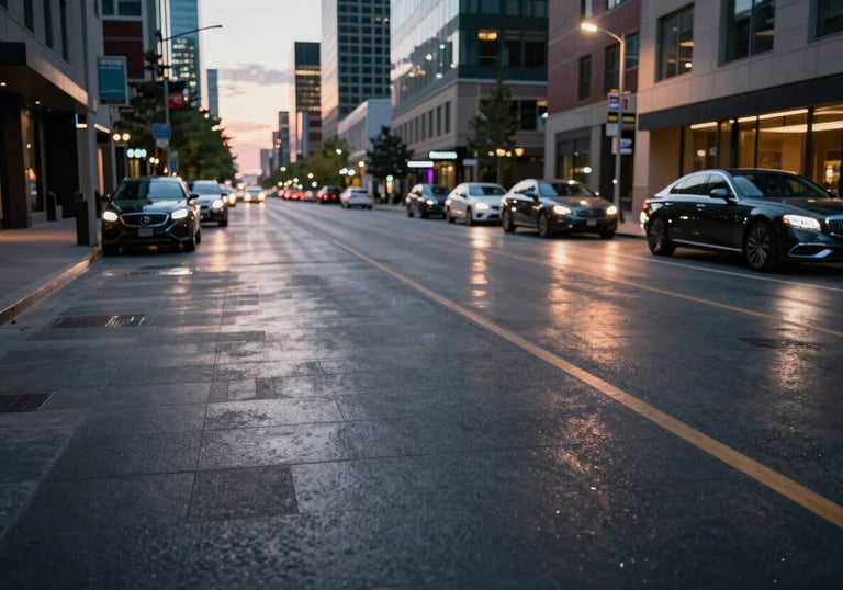 A wide shot of a modern Calgary street at dusk with luxury cars and city lights reflecting off the Deep Charcoal pavement.