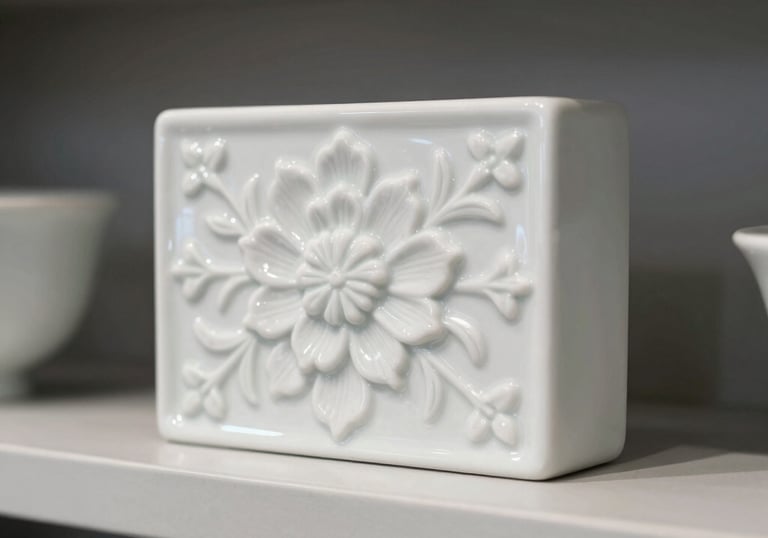 A close-up of a white glazed ceramic roster block with a floral pattern, displayed on a clean light gray shelf. Bright, clean, minimalist lighting.