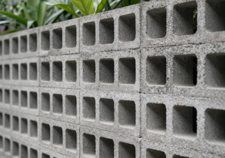 A row of gray cement roster blocks installed in a modern garden wall in Southeast Asia, with green tropical leaves peeking through the holes. Soft daylight.