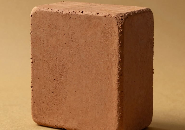 A studio photography shot of a single terracotta clay roster block, highlighting its natural porous texture and warm brown hue against a muted gold background. Soft side lighting.